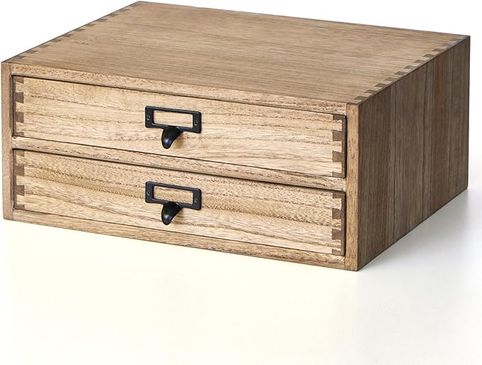 KIRIGEN Wooden Desk Organizer with 2 Drawers, Wood Desktop Storage Cabinet, Shallow Office Drawer Organizer for Printer Paper and Mail, No Assembly, 13.78 W x 10.6 D x 5.9 H In, FAX-DBR