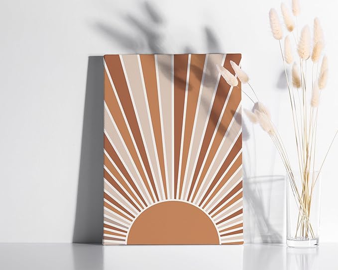 Boho Rising Sun Wrapped Canvas Wall Art Sunburst Rays Earth Tones Terracotta 12x16 Inch Gallery Stretched Minimalist Modern Home Art Decor