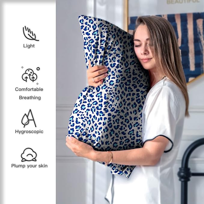 Mulberry Silk Pillowcase for Hair and Skin Queen Size Leopard Print Silk Pillow Cases with Zipper Soft Breathable Smooth Cooling Silk Pillow Covers for Sleeping (Blue Leopard, 20"X 30",1Pcs)