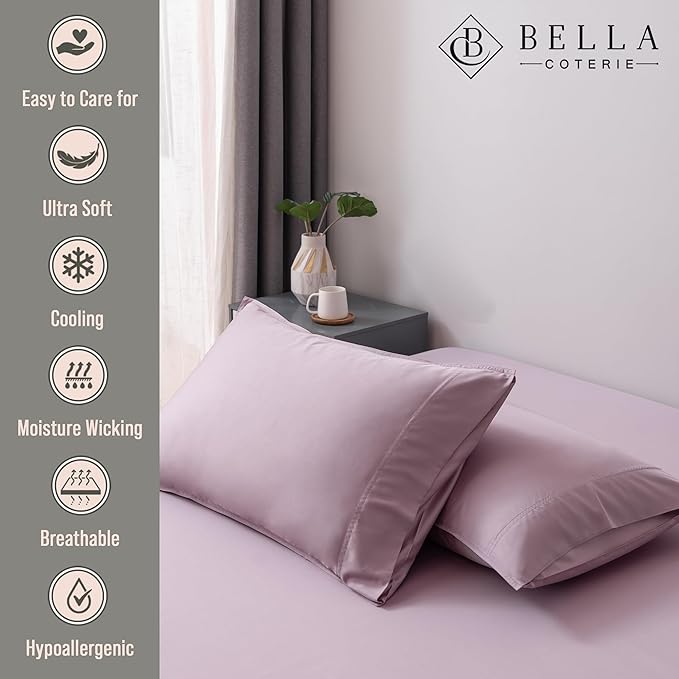 BELLA COTERIE | Luxury Bamboo VIscose Queen Size Pillowcase Set | 100% Organically Grown | Ultra Soft | Cooling | 2 Pcs [Lilac]