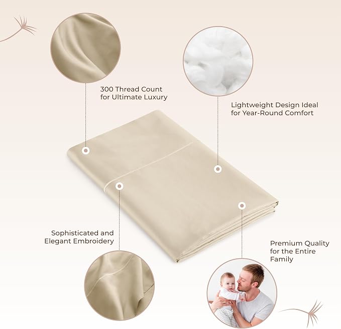 Certified Organic Queen Flat Sheet Only - 100% Organic Cotton Top Sheet with Luxurious Soft and Breathable 300 Thread Count Sateen Weave Finish - GOTS & Fairtrade Certified (Dune, Queen)