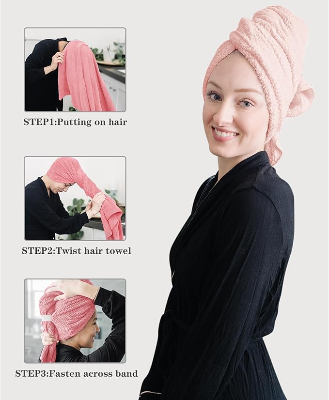 ROLSHOL 2 Packs Large Microfiber Hair Towels for Women, Super Absorbent & Quick Dry Hair Towel Wrap for Curly Long & Short Hair- Anti-Frizz Hair Turbans for Wet Hair（Coral Pink & Pink） - 27.5''*39.4''