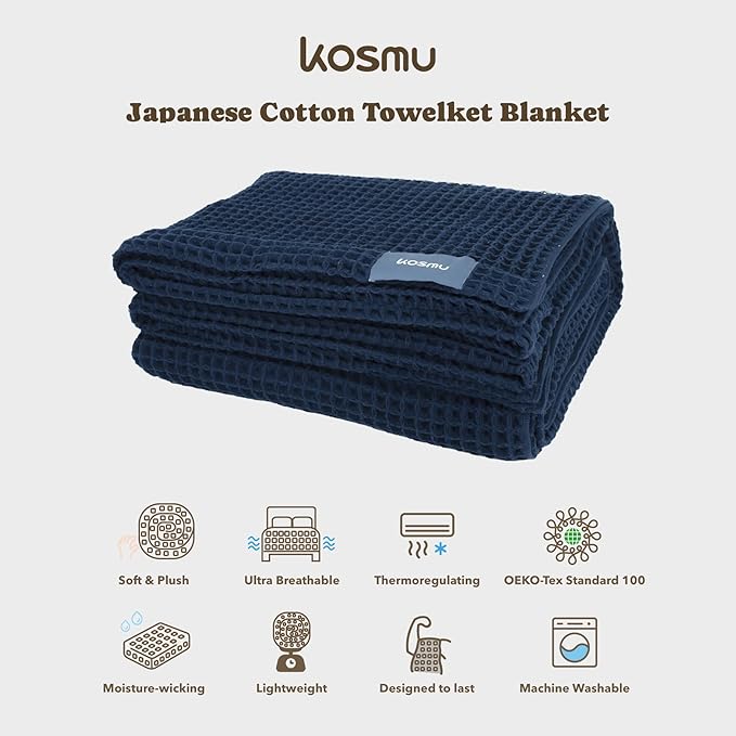 Luxury Organic Japanese Cotton Waffle Towelket Throw Blanket Bedspread for All Sleepers | Soft, Breathable and Thermoregulating (Ocean Blue, 67''x91'')