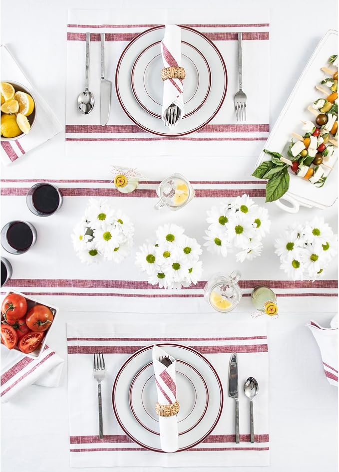 Solino Home Striped Linen Placemats Set of 4-100% Pure Linen Burgundy and White Place Mats 14 x 19 Inch - French Stripe