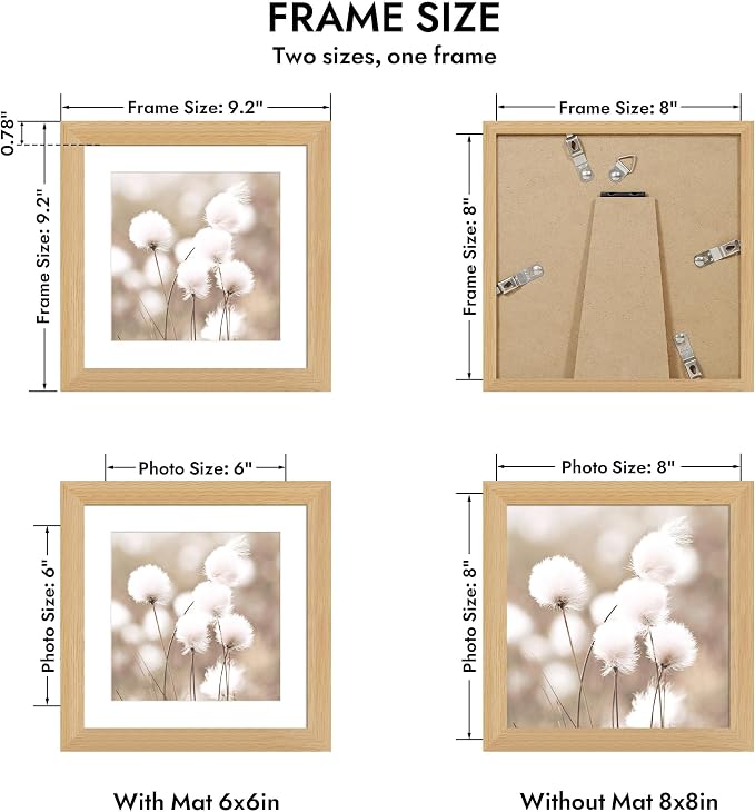 Hongkee 8x8 Oak Wood Picture Frame 1 Pack(Matted 6x6) with Real Glass Cover | Natural, 8 x 8 Solid Wood Frame for Wall or Tabletop Display - Includes Easel Back, Vertical Hang - Ideal for Home, Office