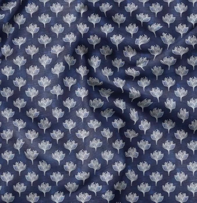 Soimoi Lightweight Cotton Voile Fabric, Blue - Floral Print, Unstitched Material - 42 Inch Width, Ideal for Making Summer Dresses, Blouses, Scarves, Lingerie, Sheer Curtains, Garment Linings, 1 Yard