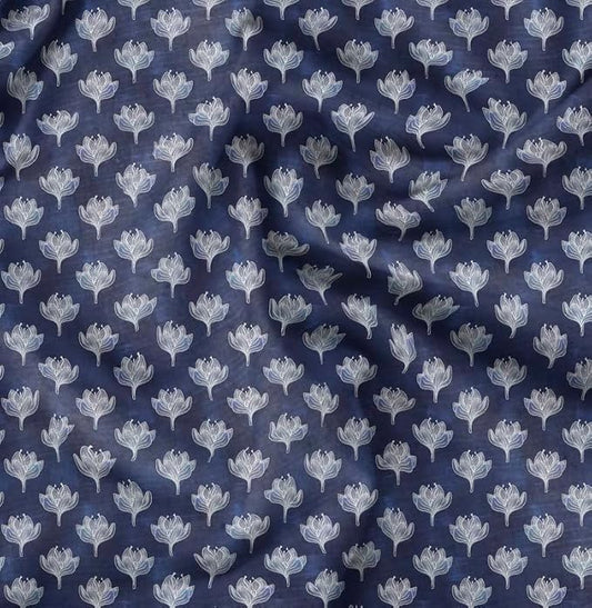 Soimoi Heavyweight Cotton Poplin Fabric Material, Blue - Floral Printed - 42" Inch Width, Natural Cotton Material for Quilt Making, Dresses, Skirts, Pajamas, Pillowcases, Tablecloths, Kurtis, 1 Yard