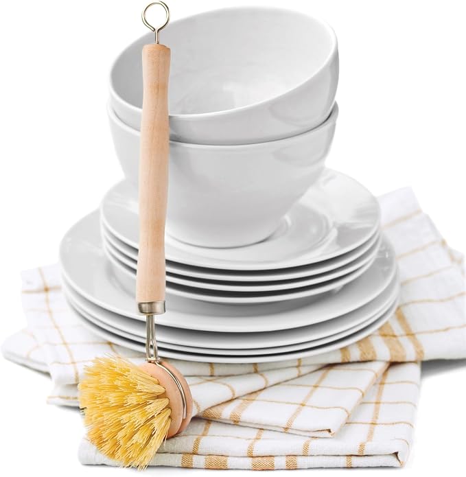 HIC Kitchen Natural Bristle Veggie Dish Scrub Brush, Non-Scratch Natural Tampico Bristles with Wooden Handle, Set of 2