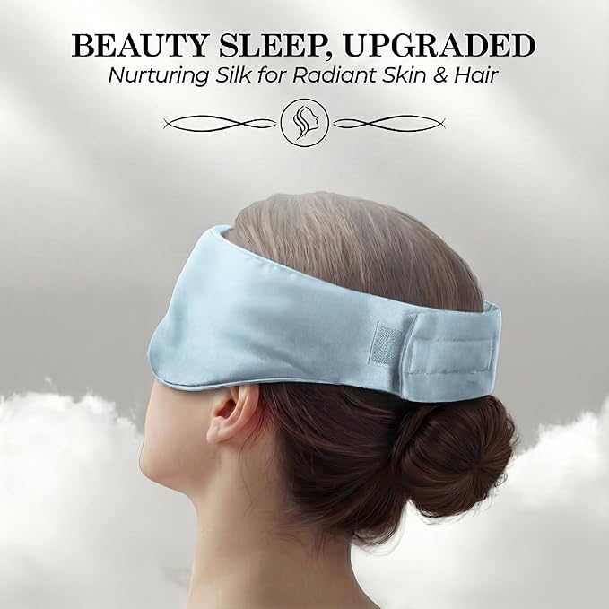 SLEEP SANCTUARY 100% Pure Mulberry Silk Sleep Mask - 22 Momme Light Blocking Hook & Loop Silk Eye Mask for Sleeping - Secure Fit for Side Sleepers, Women & Men - Cloud Soft (Misty Blue)