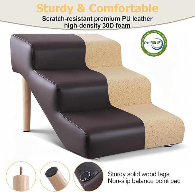 3-Step 15.7" H Dog Stairs for Bed Couch, Waterproof & Scratch PU Leather Pet Steps for Small Dogs and Cats, Dog Ramp with 220 lbs Maximum, Oak Leg & Solid Wood, Non-Slip Feet Brown