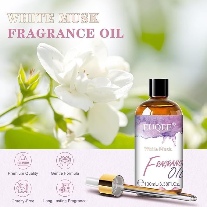 EUQEE 100ML White Musk Fragrance Oil with Glass Dropper, Essential Oil for Diffuser for Home, Bath Bombs, Candle Making, DIY Soap, Perfume Oil for Women (3.38 Fl oz)