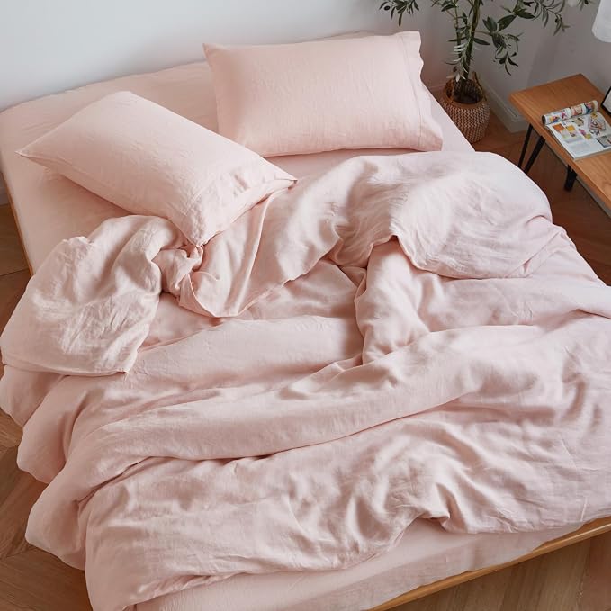 Sijo Stone Washed Organic French Linen Bed Sheet Set, GOTS Certified Organic, Best Cooling Linen Sheet Award by Sleep Foundation, 4 Piece - 2 Pillowcases, 1 Fitted and 1 Flat (Blush, Cal King)