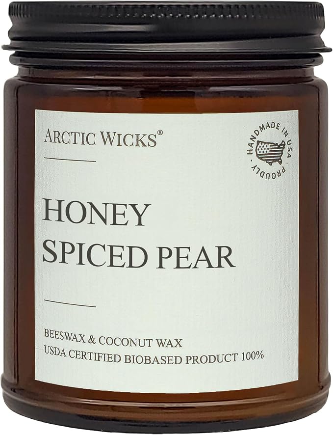 Arctic Wicks Scented Coconut Beeswax Candles | Coconut Beeswax Non Toxic Candle 9oz Amber | Farmhouse Candles Non-Toxic Clean Burn 100% USDA Certified Biobased (Honey Spiced Pear)