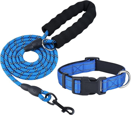 Dog Leash and Collar Set – 6 FT Strong Rope Leash with Padded Handle & Adjustable Nylon Collar Reflective for Small Medium Large Dogs (Blue, S)