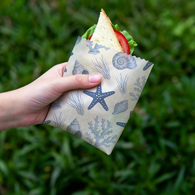 Reusable Beeswax Wraps, 9 Pack Eco-Friendly Food Storage, Organic, Sustainable, Zero Waste, Plastic-Free, Sandwich, Bowl, Fruit, 1XL, 3M, 5S, Navy Blue Turtle Starfish Coral Shell Pattern