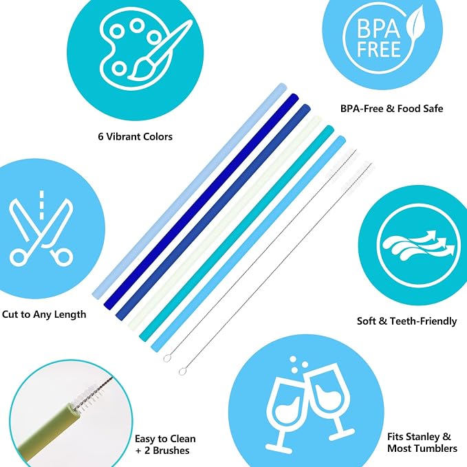 6 Pack Reusable Silicone Straws Compatible with Stanley 40oz 30oz 20oz Tumblers, 12.2" Long x 0.374" Diameter BPA-Free Drinking Straws with 2 Cleaning Brushes, Flexible Cuttable Teeth-Friendly