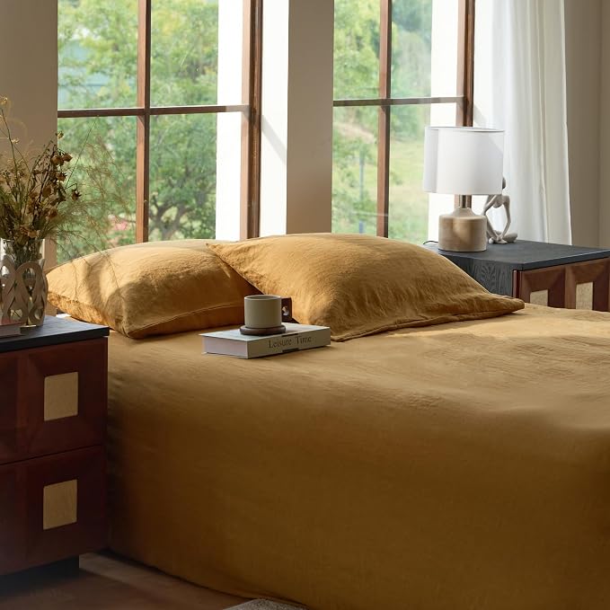 Sijo Stone Washed Organic French Linen Bed Sheet Set, GOTS Certified Organic, Best Cooling Linen Sheet Award by Sleep Foundation, 3 Piece - 2 Pillowcases and 1 Fitted Sheet (Turmeric, Full)