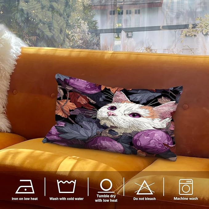 Shrahala Cute Cat Decorative Throw Pillow Cover, Cat Among Purple Fruits Lumbar Pillowcase Blended Double-Sided No Inserts for Bedroom Living Room Set of 2 (12 x 20 in)