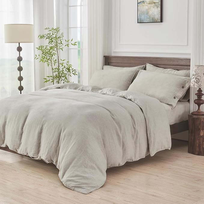 S VICTORY SYMBOL 100% Organic Linen Duvet Cover Set 3pcs Queen Size,Natural French Washed Flax Bedding (1 Duvet Cover and 2 Pillowcases) with Coconut Button Closure,Natural Linen