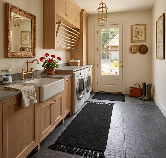 Seavish Black Kitchen Rug Set, 2x3+2x4.3 Boho Cotton Woven Area Rug, Washable Throw Rug Set, Farmhouse Floor Mat for Laundry Room Bedroom Bathroom Restroom Doorway Patio Porch