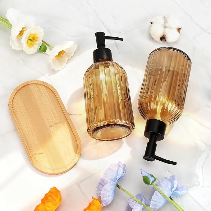 Glass Soap Dispenser Set with Wood Tray, Glass Soap Dispenser with Plastic Pump, Hand and Dish Set for Bathroom Decor (Amber)