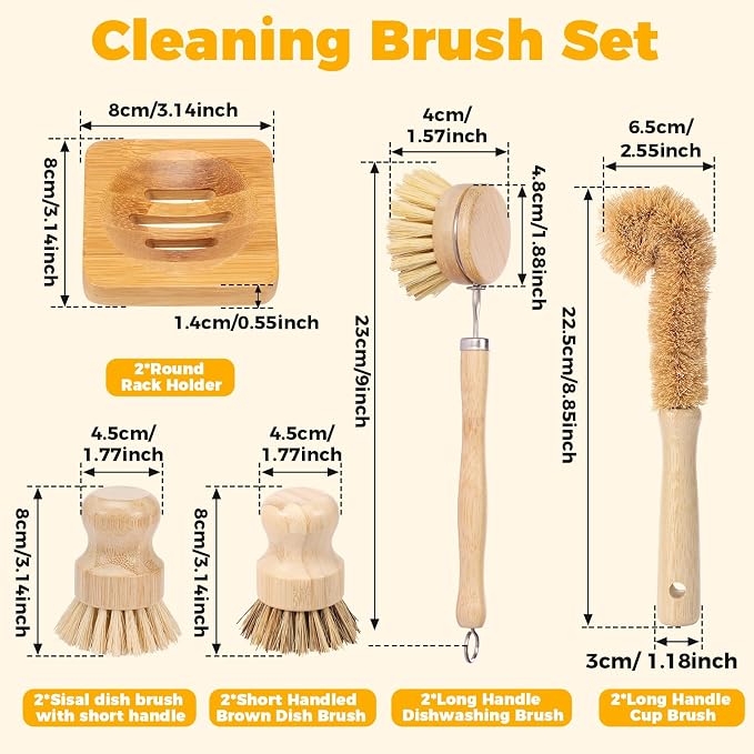 10 Pcs Bamboo Dish Brush Set, Wooden Dish Brush with Long Handle Cup Brush, Short Handle Sisal & Coarse Brushes, Square Rack Tray, Natural Bamboo Bottle Brush for Pots, Pans,Vegetables