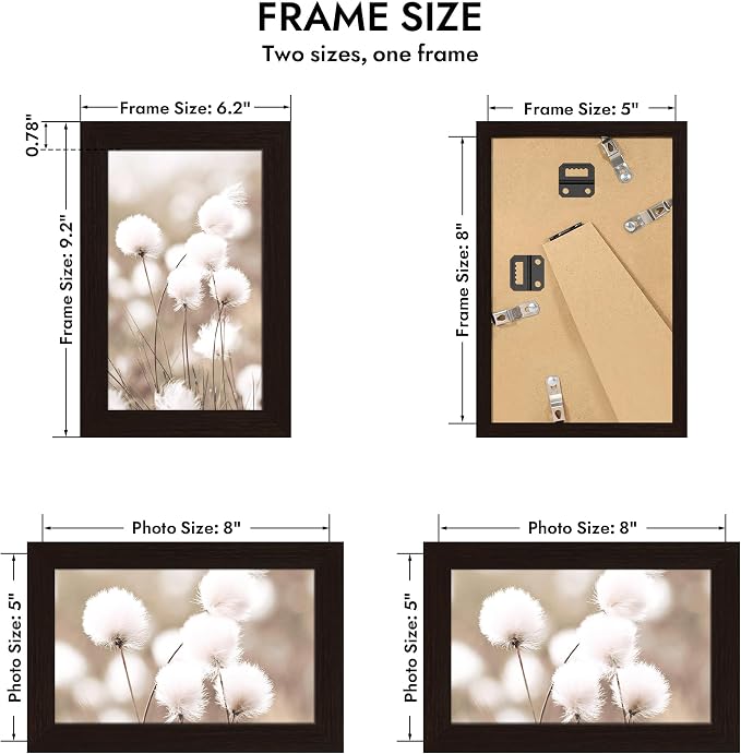 Hongkee 5x8 Oak Wood Picture Frame (1 Pack, Black) with Real Glass Cover | 5 x 8 Solid Wood Frame for Wall or Tabletop Display - Includes Easel Back, Vertical Hang - Ideal for Home, Office