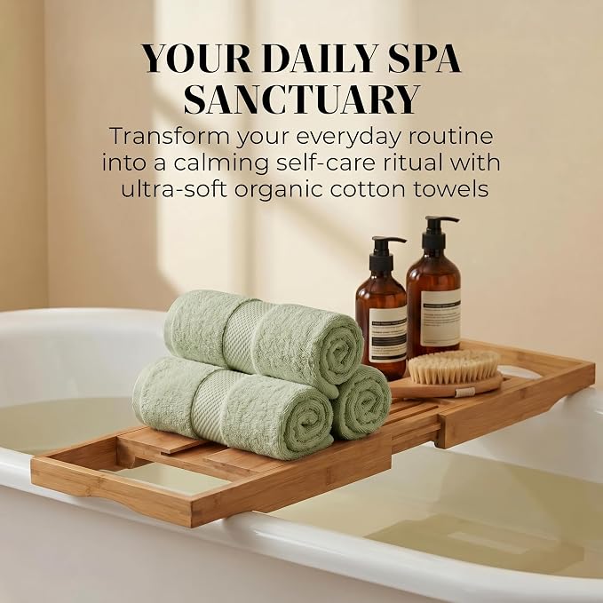 6 Piece Organic Cotton Luxury Bath Towel Set, 700 GSM Plush Long-Staple Bath Hand Wash Bundle, Soft Absorbent Quick-Dry Bathroom Towels, GOTS & Oeko-TEX Certified Hotel Spa Quality – Sage Green