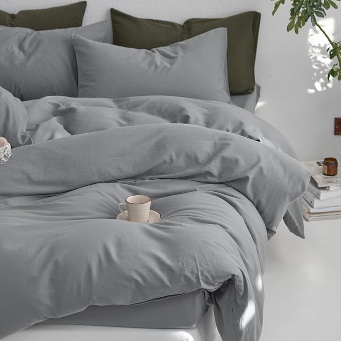 MooMee Queen Duvet Cover Set, 100% Washed Cotton Linen Like Twill Thick Sturdy Material Super Soft Breathable Durable Bedding for All Season, 3 Pieces (Polar Grey, Queen 90"x90")