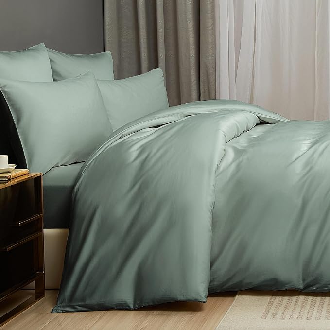 Sage Green Cotton Duvet Cover Set Queen 100% Long-Staple Cotton Sateen Bedding Set, Soft Breathable Smooth Organic Pure Cotton Plain Comforter Cover, Luxury Minimalist Bedroom Decor for All Season