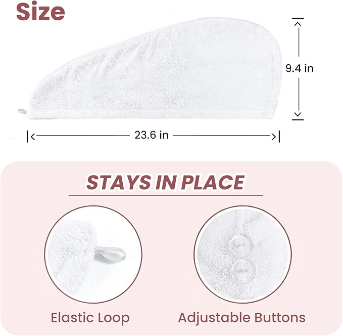 Mandydov 100% Cotton Hair Towel Wrap for Women, 2 Pack Thickened & Super Absorbent Turbans, Anti Frizz Quick Dry Hair Towels (White, Blush)