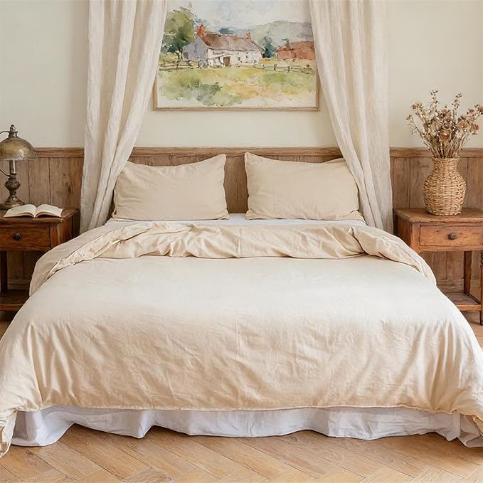 BISELINA French Linen Duvet Cover Set 3pcs with Hidden Zipper Closure Natural Flax Cotton Blend Solid Color Soft Breathable Luxury Farmhouse Bedding -Queen Size, Linen/Beige