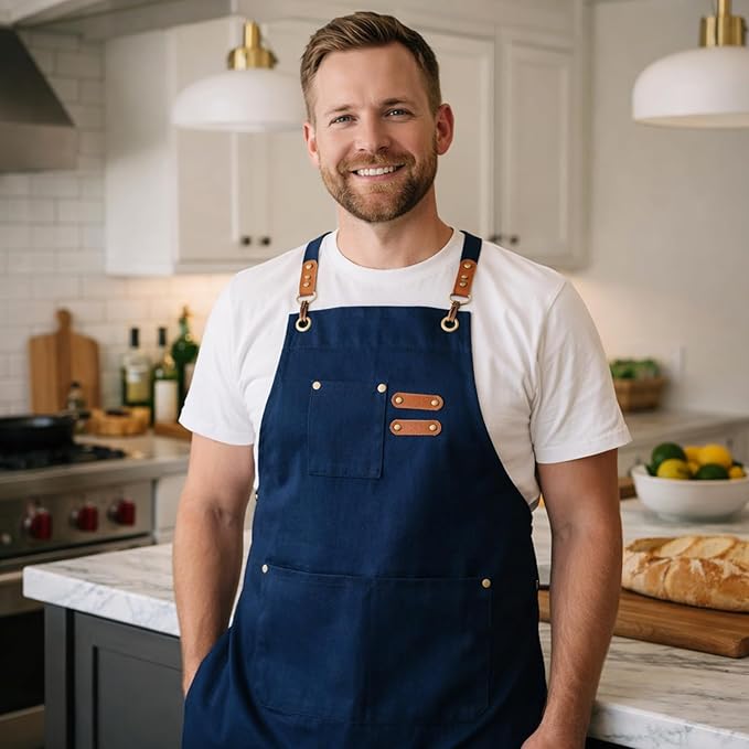 Chef Aprons for Men Canvas Apron with Large Pockets and Adjustable Neck Strap for Cooking,BBQ, Gardening