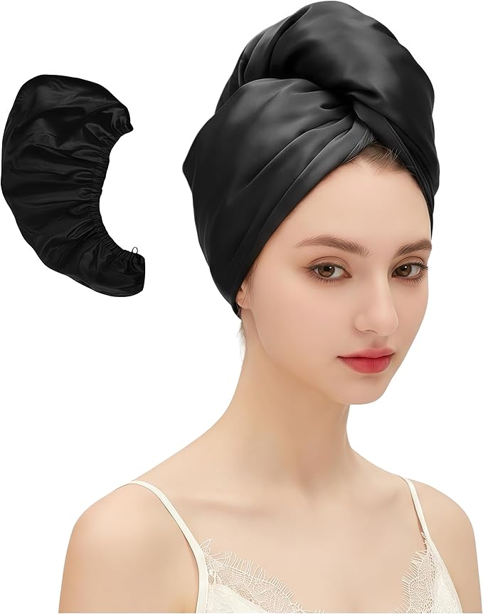 Satin Microfiber Hair Towel Wrap for Women - Super Absorbent, Quick Dry, Anti-Frizz - for Long and Short Hairs, Turbans for Women, Wet and Curly Hair Wrap (Black)