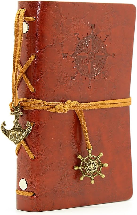 EvZ Retro Red Brown Leather Journal - 5" Refillable Vintage Nautical Notebook with Anchor & Rudder Pendants - Small Spiral Blank Sketchbook for Travel, Poetry & Diary - Classic Embossed Art Journal, Red Brown