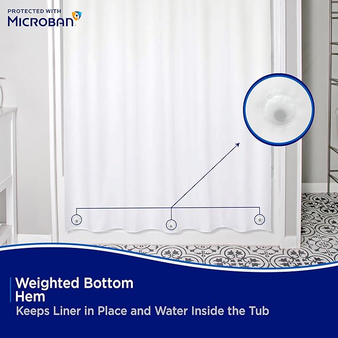 Kenney - Microban PEVA Shower Curtain Liner, Waterproof Medium-Weight 4.8 Gauge Design with Rust-Resistant Metal Grommets and Weighted Magnetic Hem, 70" x 72", White