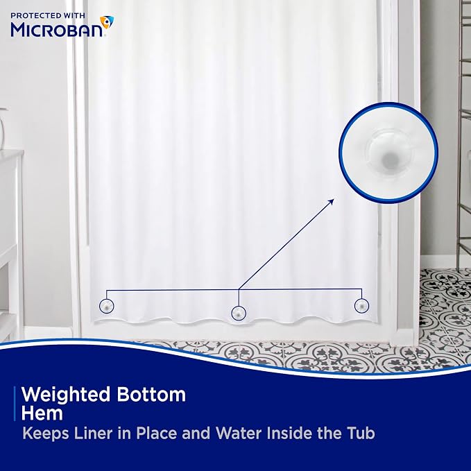 Kenney - Microban PEVA Shower Curtain Liner, Waterproof Medium-Weight 8 Gauge Design with Rust-Resistant Metal Grommets and Weighted Magnetic Hem, 70" x 72", White