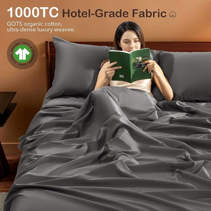 SONORO KATE 100% Organic Cotton Sheets Set - 1000 High Thread Count, GOTS Certified Long Staple Cotton Bed Sheets, Soft, Breathable 5-Star Hotel Sheets, 16" Deep Pockets - 4 PC (Dark Grey,Queen)