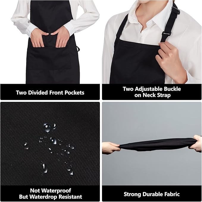 Jubatus 4 Pack 100% Cotton Aprons with 2 Pockets Cooking Chef Kitchen Adjustable Bib Apron for Women Men, Black