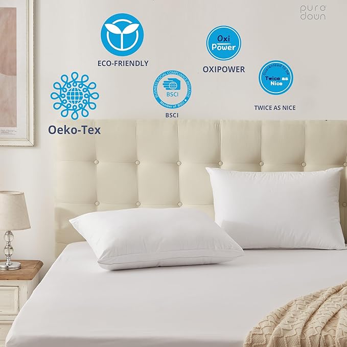puredown® Goose Feather Down Sleeping Pillow Soft Bed Pillow for Sleeping with 100% Cotton Shell Set of 2 Queen Size