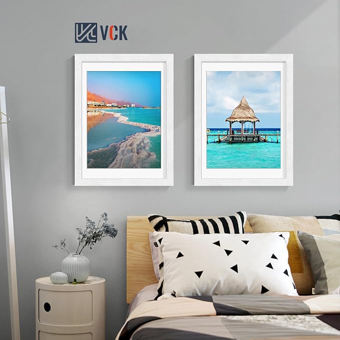 VCK 12x16 Picture Frames White 3 Pack, Wide Border Wood, Tempered Glass, Display 11x14 Photo with Mat or 12 x 16 without, for Home, Office, Gallery, Woodgrain Series, Wall Hanging