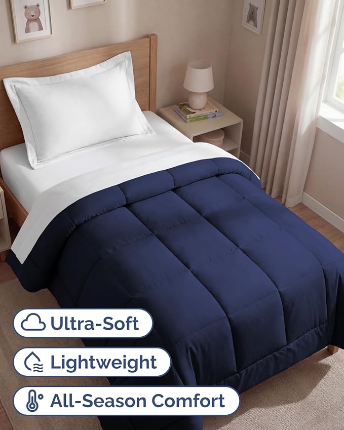 Twin Size, Navy Blue Alternative Down Comforter - Warm, Lightweight & Breathable Hotel Quality Bedding Set for Men, Women, Kids & Teens - All Season Oversized Cooling Microfiber Duvet Insert Comforter