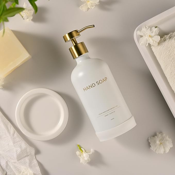 Glass Soap Dispenser Bathroom Set by Janxin, Foaming Kitchen soap Dispenser with Ceramic Tray for Dish Soap, Liquid Soap Dispenser for Hand Soap, Lotion, Body Wash (White+Gold)