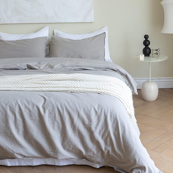 BISELINA French Linen Duvet Cover Set 3pcs with Hidden Zipper Closure Natural Flax Cotton Blend Solid Color Soft Breathable Luxury Farmhouse Bedding -Queen Size, Grey