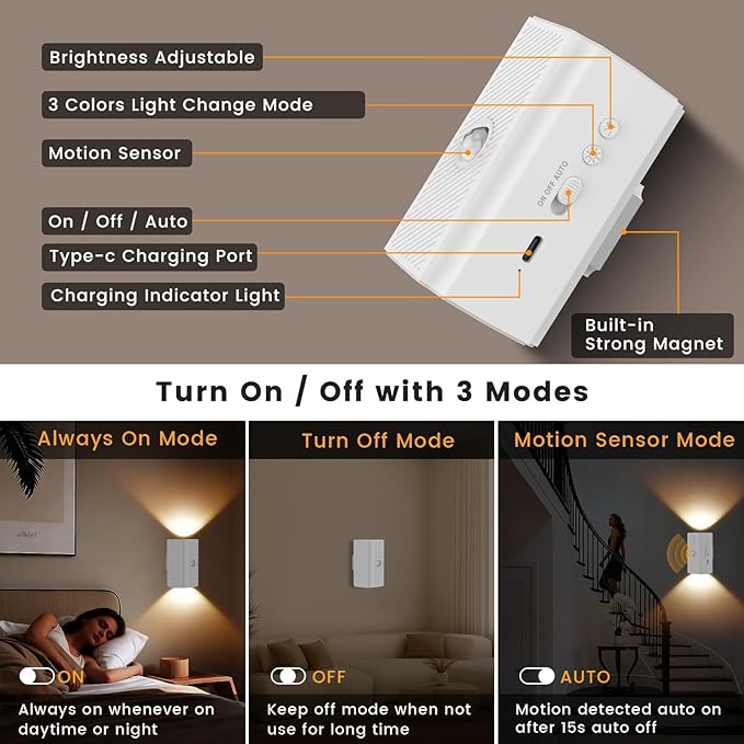 easuntec Rechargeable Motion Sensor Night Light Warm White, Wireless Dimmable, Magnetic Stick-on for Bedroom Stairs, Kids Elderly Baby, Long Lasting Battery for Cabinet, 2 Pack (Warm White, 2 Pack)