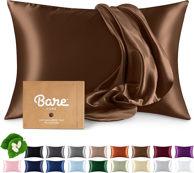 Bare Home 100% Mulberry Silk Pillowcase for Hair and Skin - Ultra Premium 6A Grade 19 Momme Silk Pillow Case - Hidden Zipper - Breathable Cooling Pillow Cover (King, Cocoa)