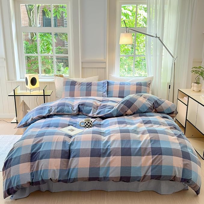 FACE TWO FACE Bedding Duvet Cover Set100% Washed Cotton Duvet Cover Linen Like Textured Breathable Durable Soft Comfy (Twin, Cardamom Blue Grid)