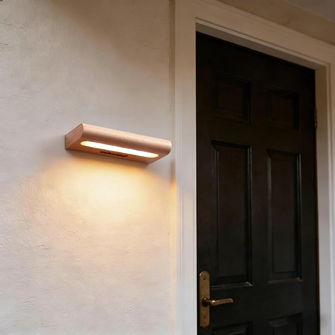 Beech Wood Solar Wall Lamp, Metal-Adhering Sensor Night Light, Warm White Led, USB Charging, No Wiring, 3.5 Oz for Hallway Cabinet Indoor Outdoor