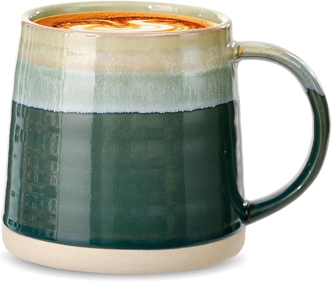 fMBB Ceramic Coffee Mug, 13 oz, Big Tea Cup, Reactive Glaze Shiny and Matte Surface Rich Colored Pottery Mugs, Wide Bottom Coffee Mug for Tea, Latte, Hot Chocolate, Home Decor, Green Tone
