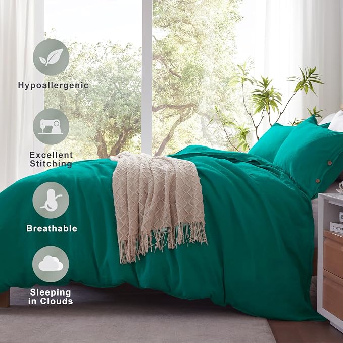 TOSMO 100% Linen Queen Duvet Cover Set, Luxury French Flax Natural Linen Duvet Cover with Button Closure & Corner Ties, Cooling Breathable Comforter Cover 3 Piece (Teal)